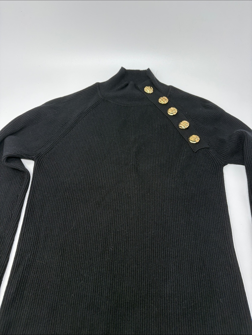 ZARA KNIT Ribbed Mock Neck Sweater with Gold Button Detail
